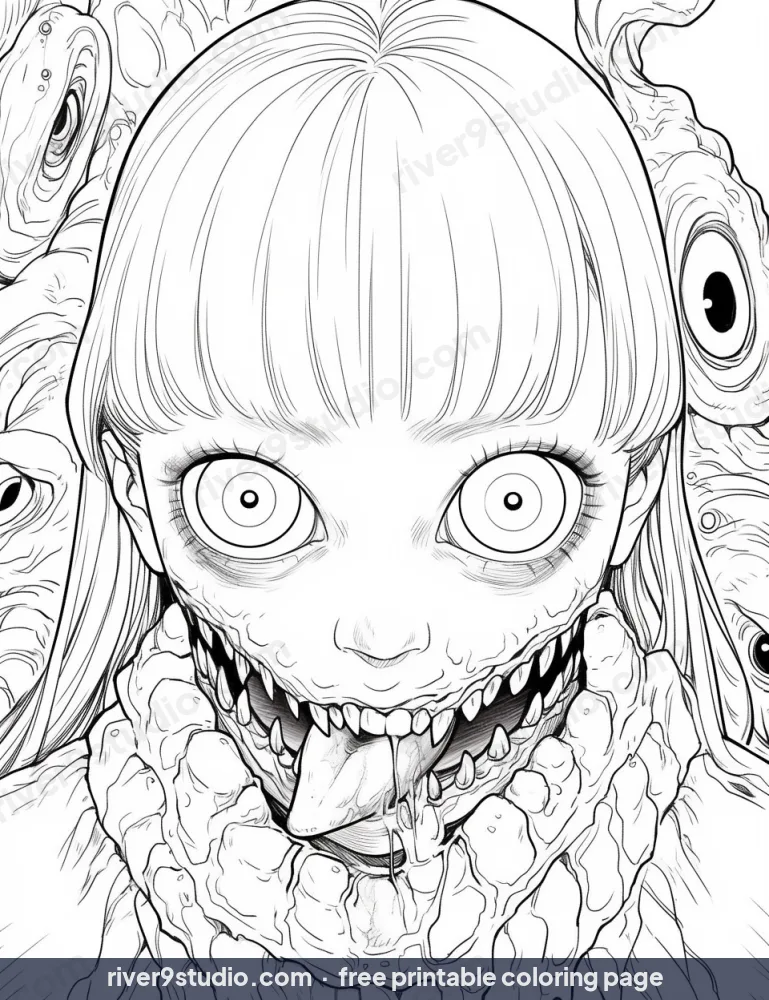 Creepy Girl With Monster Mouth, free printable coloring page from River9 Studio