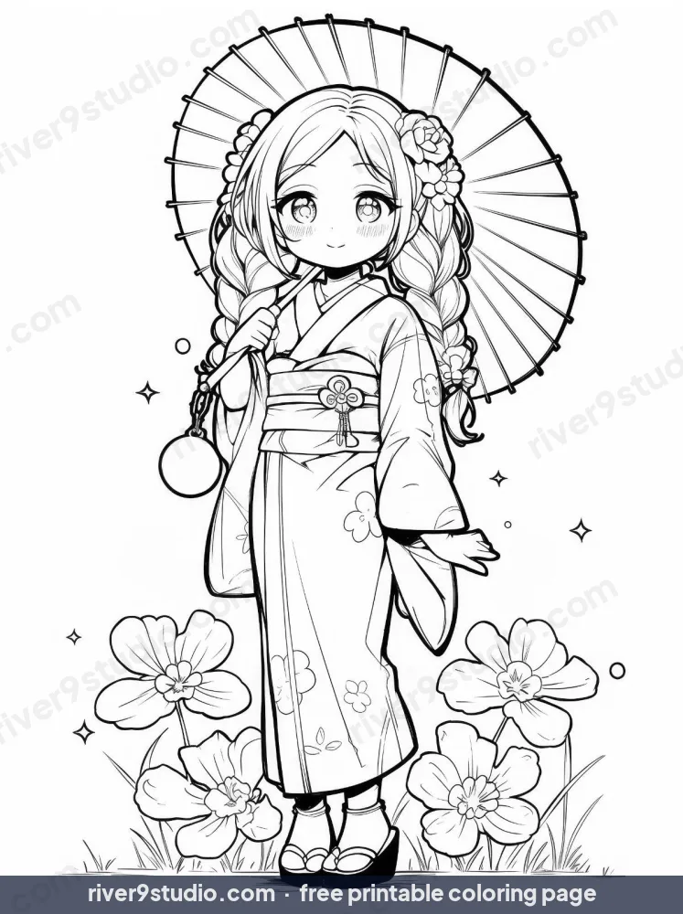Cute Kimono Girl With Parasol, free printable coloring page from River9 Studio