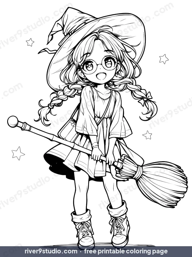 Cute Witch Girl With Broom, free printable coloring page from River9 Studio