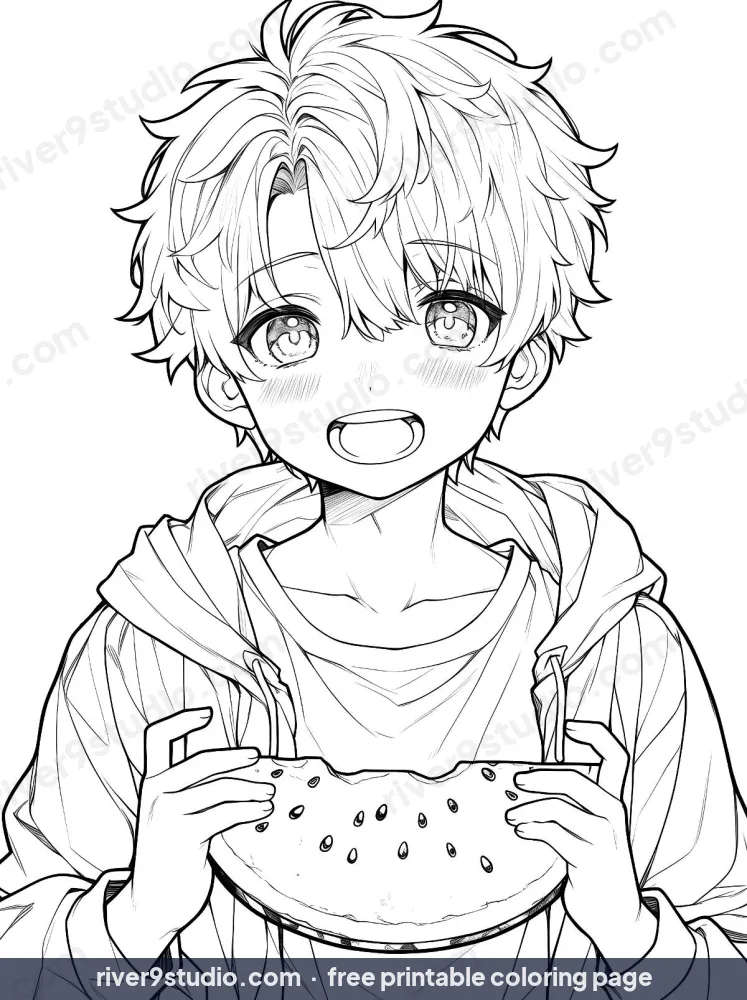 Happy Anime Boy Eating Watermelon, free printable coloring page from River9 Studio