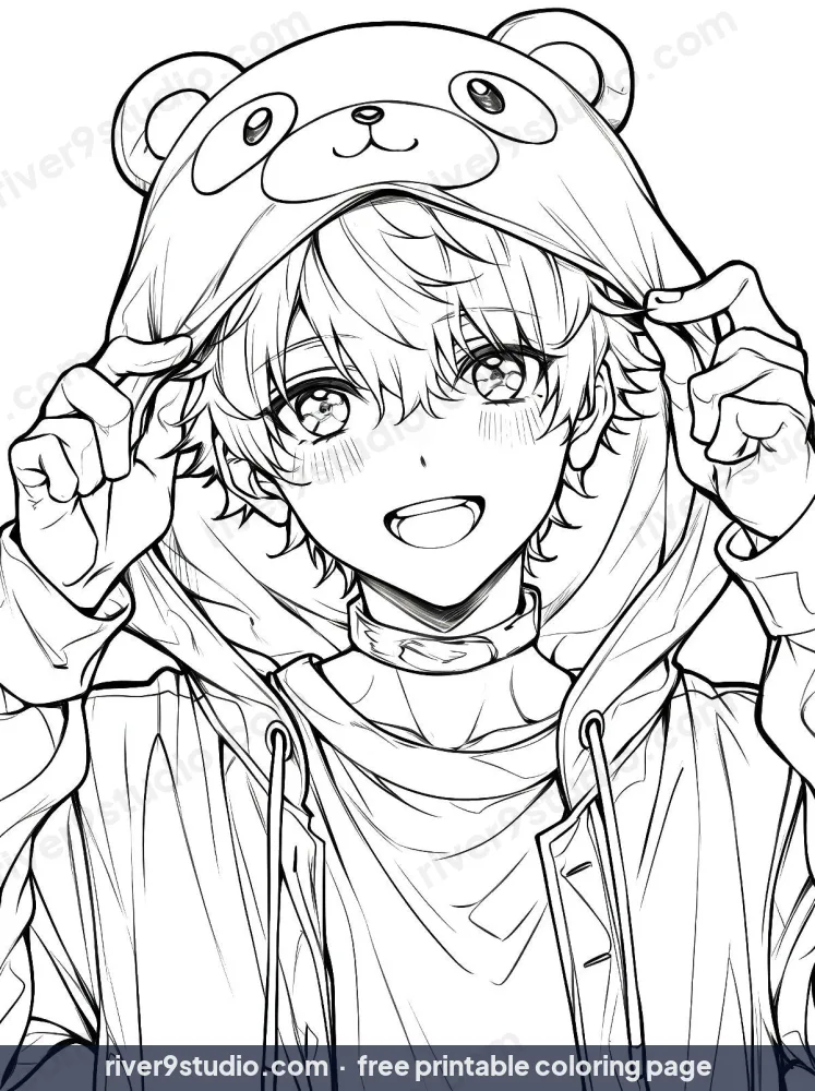 Anime Boy With Bear Custom, free printable coloring page from River9 Studio