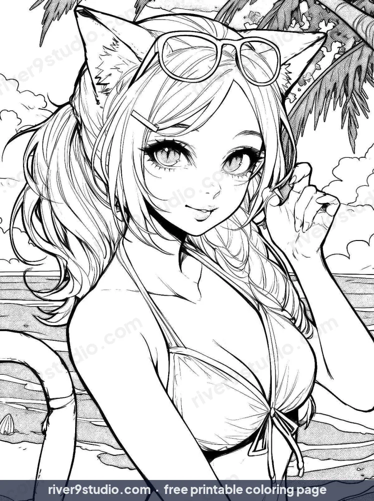 Beach Neko Girl, free printable coloring page from River9 Studio
