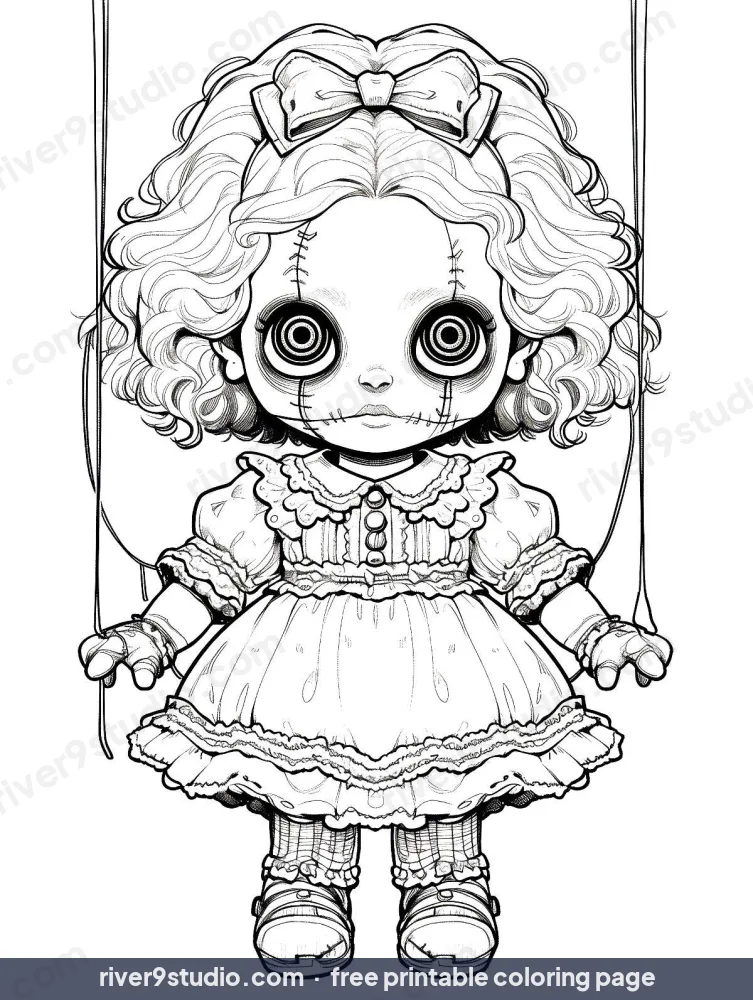 Creepy Marionette Chibi Doll, free printable coloring page from River9 Studio