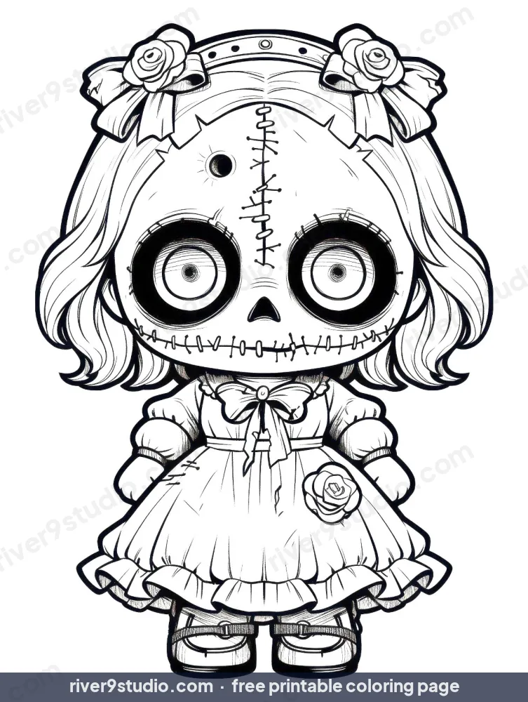 Creepy Stitched Doll, free printable coloring page from River9 Studio