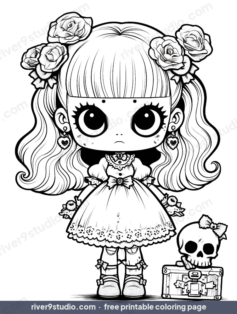 Creepy Doll with a Skull Suitcase, free printable coloring page from River9 Studio
