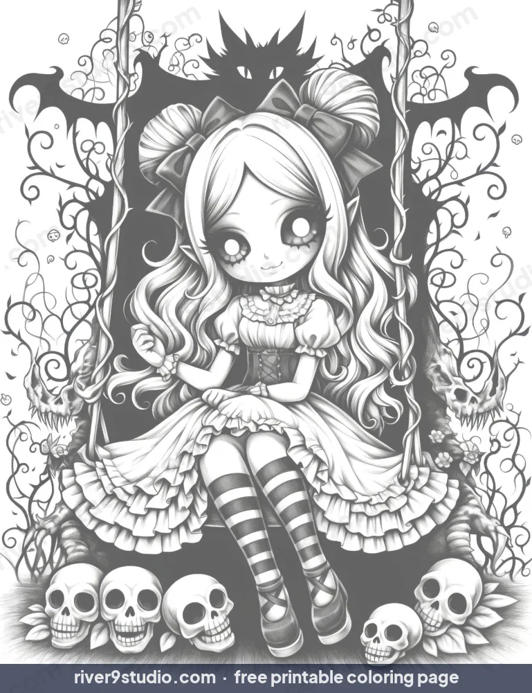 Grayscale Creepy Doll in Skull Garden, free printable coloring page from River9 Studio