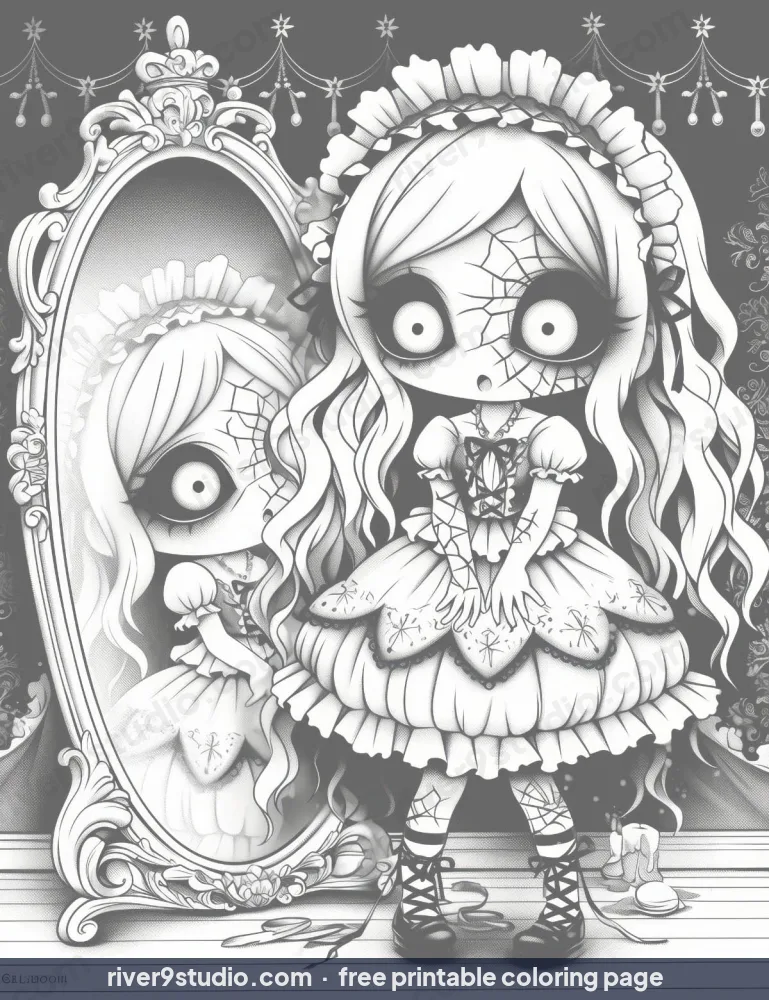 Grayscale Cracked Doll in a Haunted Mirror, free printable coloring page from River9 Studio