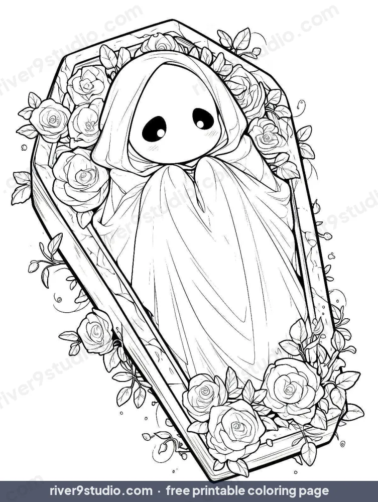 Little Ghost in a Rose Coffin, free printable coloring page from River9 Studio