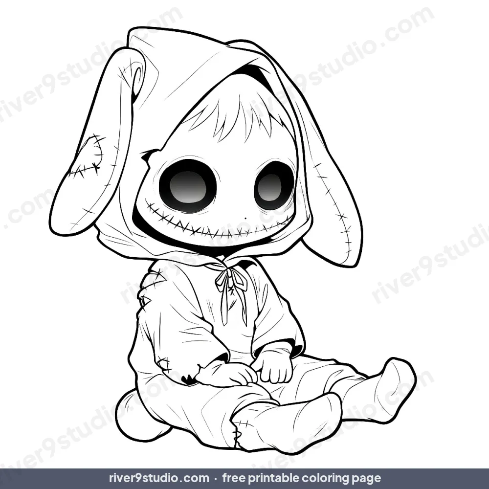 Cute Ghost in a Patchwork Hood, free printable coloring page from River9 Studio