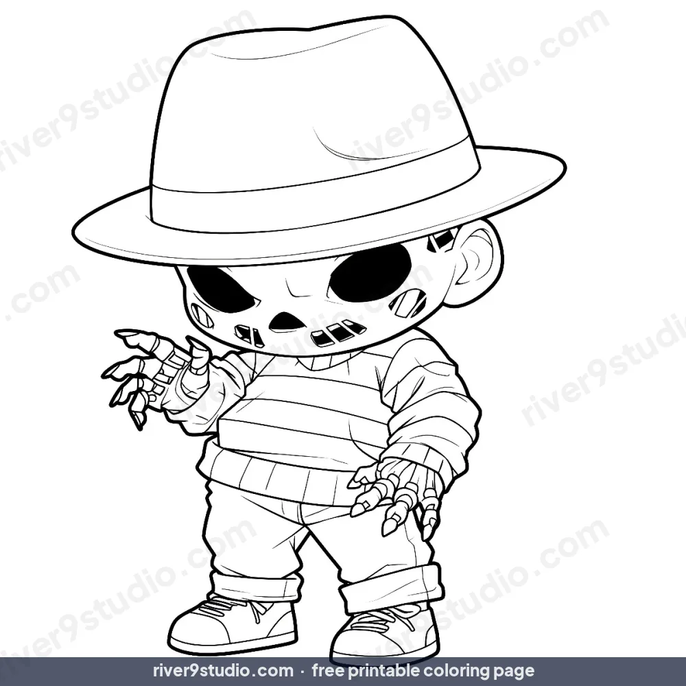 Chibi Serial Killer in a Fedora, free printable coloring page from River9 Studio