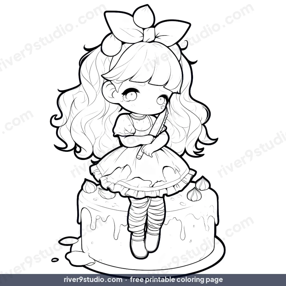 Creepy Chibi Girl on a Birthday Cake, free printable coloring page from River9 Studio