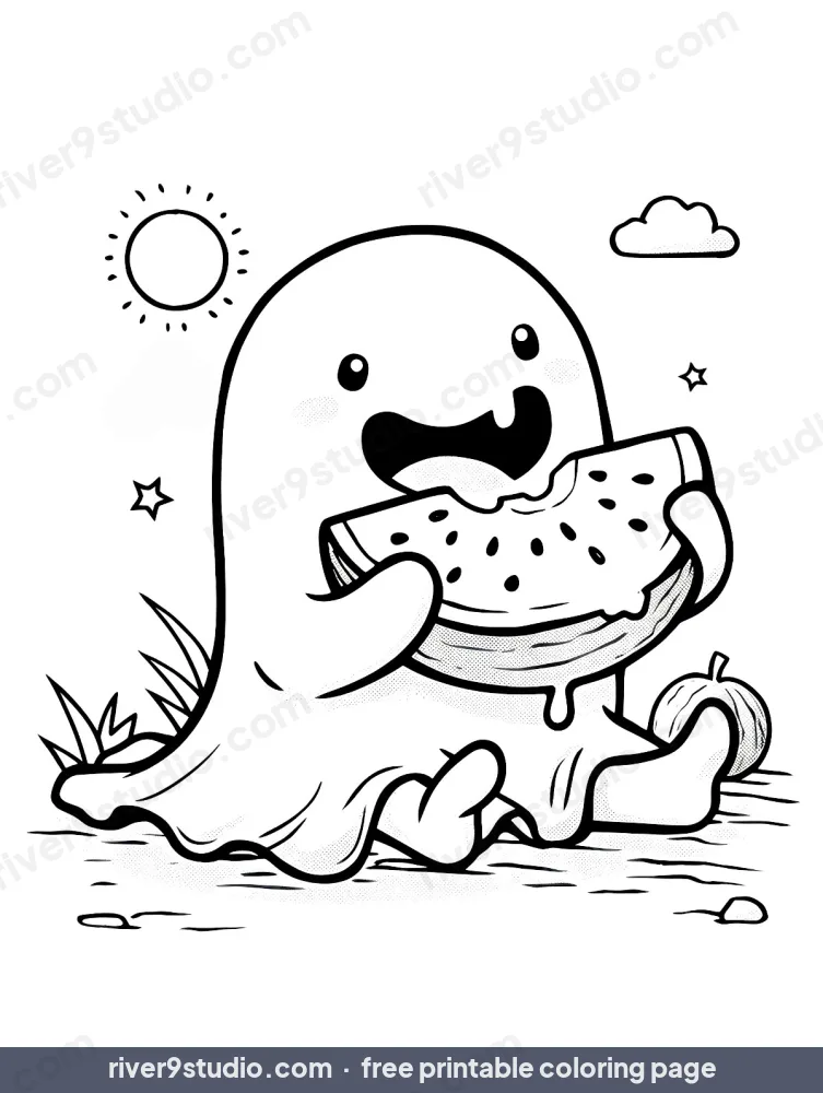 Happy Ghost Eating a Watermelon, free printable coloring page from River9 Studio