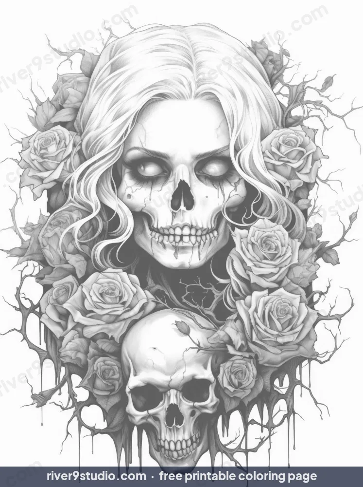 Grayscale Rose-Crowned Skull Queen of the Dead, free printable coloring page from River9 Studio