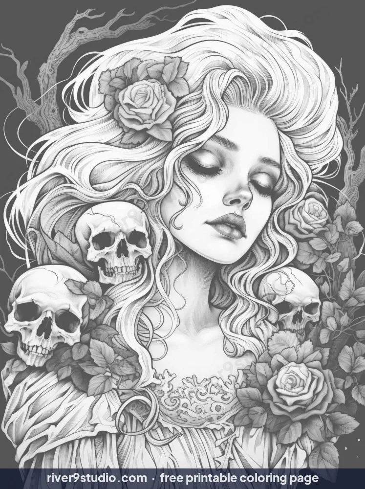 Grayscale Sleeping Beauty Among Roses and Skulls, free printable coloring page from River9 Studio