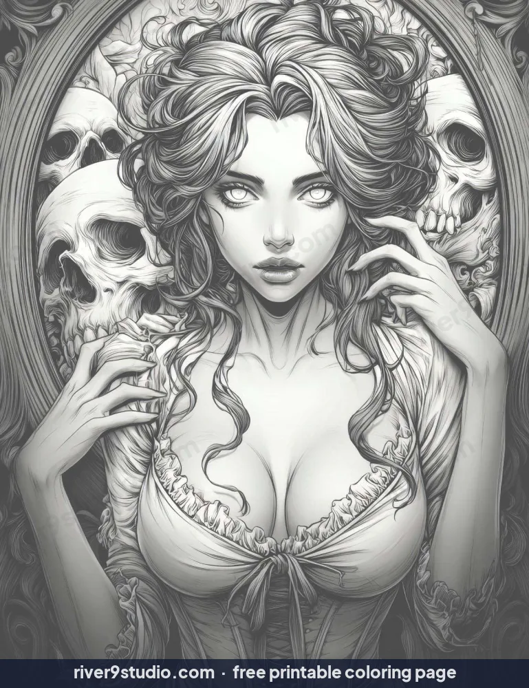 Grayscale Dark Beauty Framed by Whispering Skulls, free printable coloring page from River9 Studio