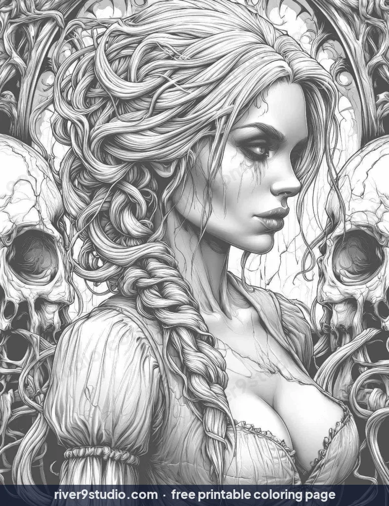 Grayscale Dark Beauty Among Twisted Skulls, free printable coloring page