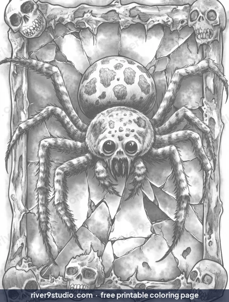 Grayscale Giant Spider in a Skull Cave, free printable coloring page from River9 Studio