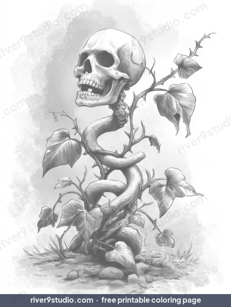 Grayscale Skull Wrapped in a Thorny Vine, free printable coloring page from River9 Studio