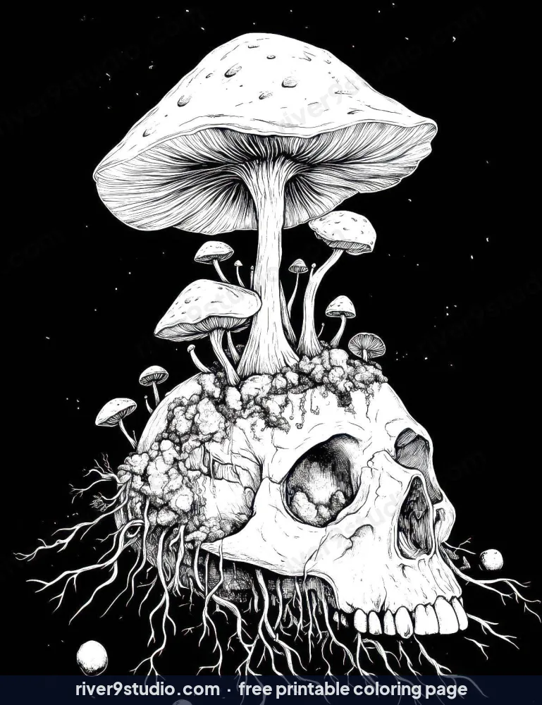 Mushrooms Growing from an Ancient Skull, free printable coloring page from River9 Studio