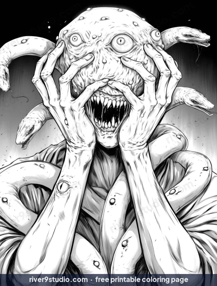 Creature From Hell with Snake Arms, free printable coloring page from River9 Studio