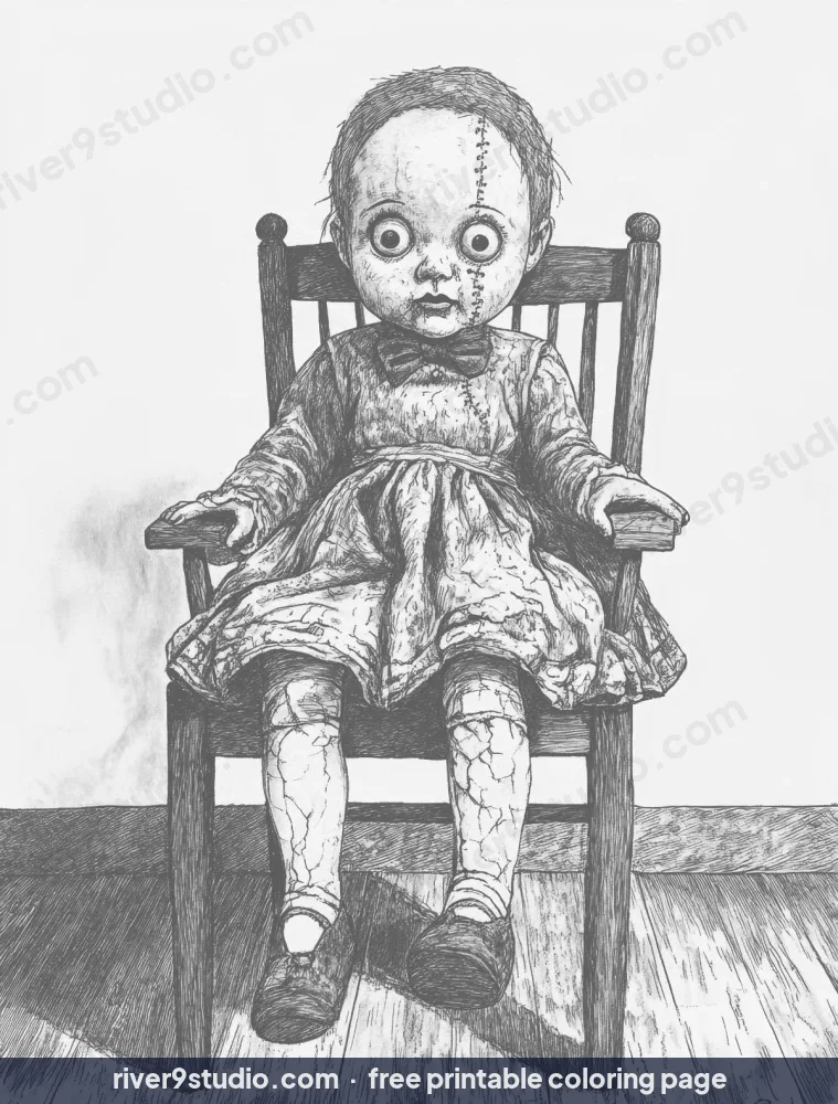 Grayscale Creepy Doll Sitting in a Chair, free printable coloring page from River9 Studio