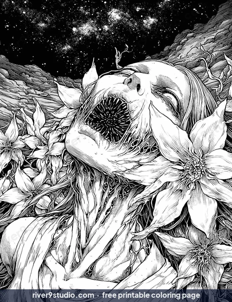 When the Flowers Began to Whisper, free printable coloring page from River9 Studio