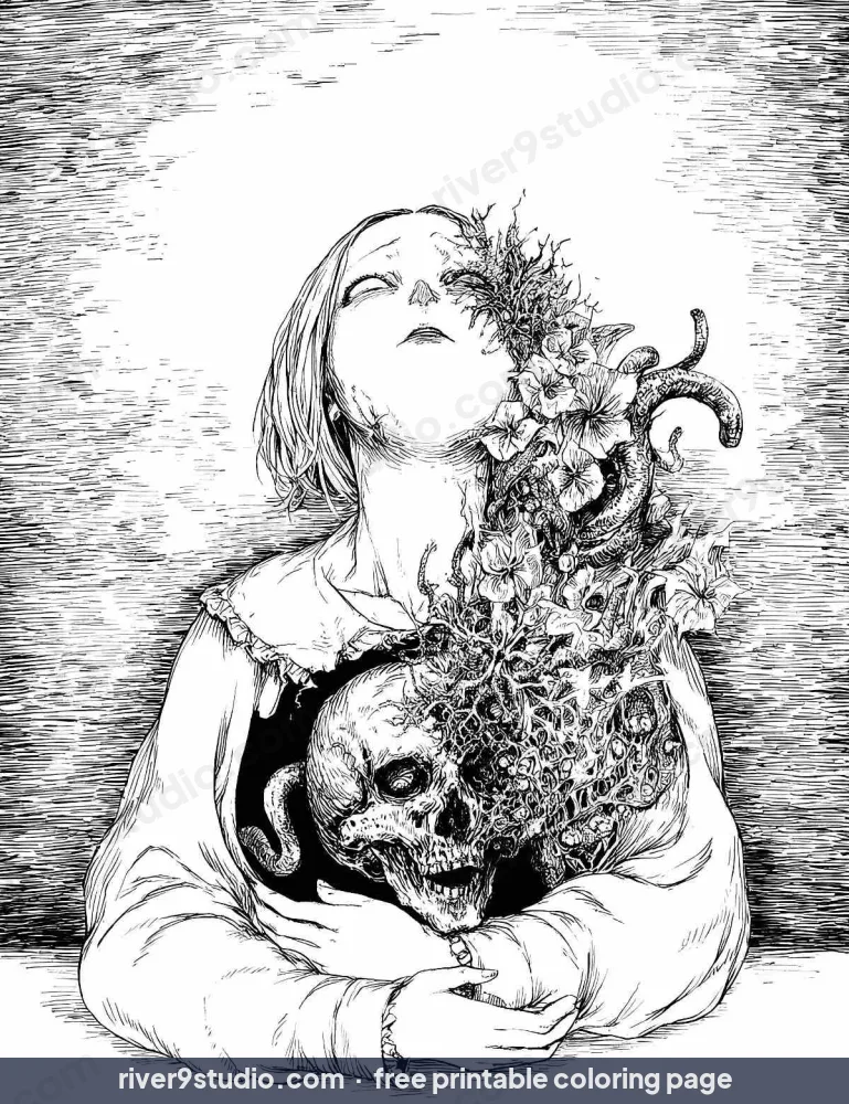 She Kept a Garden of Bones, free printable coloring page from River9 Studio
