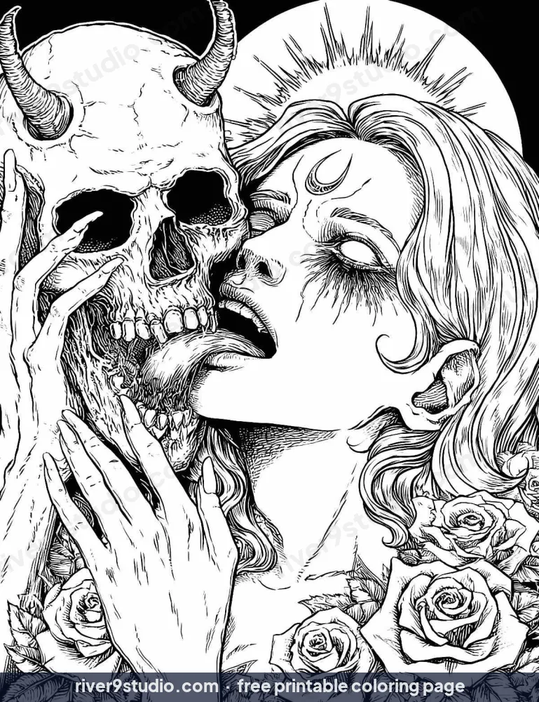 A Kiss Beneath the Devil Moon, free printable coloring page from River9 Studio