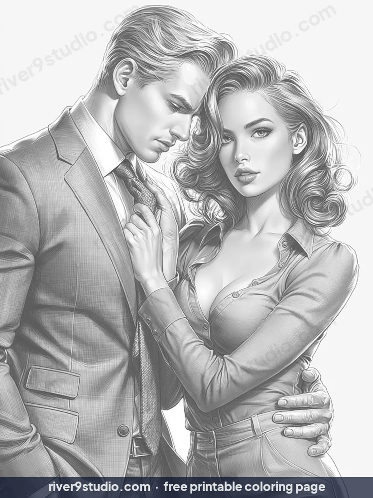 The Moment She Loosened His Tie, free printable coloring page from River9 Studio